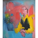 ALAN TINLEY (b.1946). A modernist study of a seated young woman by a vase of flowers, signed and