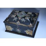 A VICTORIAN PAPIER-MACHE AND MOTHER OF PEARL INLAID SEWING BOX, with gilt and painted embellishment,