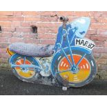 A VINTAGE MID 20TH CENTURY WOODEN FAIRGROUND MOTORCYCLE, with painted decoration, fabric covered