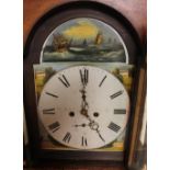 AN OAK 8 DAY LONGCASE CLOCK, having arched dial painted with maritime scene, dial bearing makers