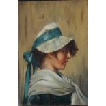 A LATE 19TH / EARLY 20TH CENTURY PORTRAIT STUDY OF A PEASANT GIRL WEARING A BONNET, unsigned, oil on