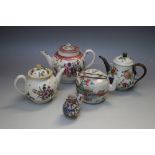A COLLECTION OF FOUR ASSORTED PORCELAIN GLOBULAR TEAPOTS TO INCLUDE ORIENTAL EXAMPLES, together with