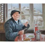 EASTERN SCHOOL (XXI). A Japanese man eating, signed lower right, oil on canvas, framed, 50 x 60 cm