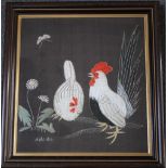 A LATE 19TH / EARLY 20TH CENTURY WOOLWORK PICTURE DEPICTING A HEN AND COCKEREL, with fine metallic