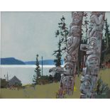 ROBERT GEKK. A 21st century wooded lake scene with two totem poles 'Queen Charlotte's Light', see