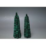 A PAIR OF UNUSUAL MALACHITE DESK MODELS IN THE FORM OF 'PEBBLE' EFFECT TREES, tallest H 15.5 cm (2)