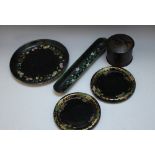 A PAIR OF VICTORIAN PAPIER MACHE COASTERS, Dia 13.5 cm, together with a pen tray, lidded pot and a