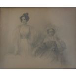 A VICTORIAN PORTRAIT OF TWO LADIES, one seated with bonnet, the other standing, signed lower right