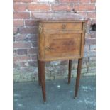 A FRENCH MARBLE TOPPED BEDSIDE CABINET, with single drawer, raised on turned tapered legs, W 45