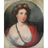 A 19TH CENTURY OVAL PORTRAIT OF A YOUNG WOMAN, with a garland of flowers in her hair and bared