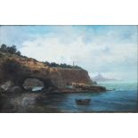 AUG MARTIN. A rocky coastal scene with boats and figures, hilltop castle beyond, signed lower