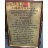 A FRAMED BRASS TITANIC INTEREST "BE BRITISH" TABLET DEDICATED TO THE MEMORY OF COMMANDER EDWARD JOHN
