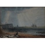 CIRCLE OF BONNINGTON. Coastal scene with figures on beach and sailing vessels beyond, unsigned,