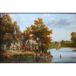 JOHN SINCLAIR BLACK (XX). A riverside tavern scene with figures, horses, chickens, and boats, signed
