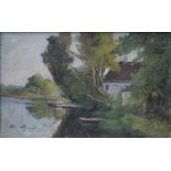 HANS AGERSNAP (1857-1925). River scene, signed lower left, oil on canvas, gilt framed, 21 x 33.5 cm