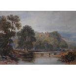 ATTRIBUTED TO DAVID COX JNR (1809-1885). An abbey with cattle in the river, watercolour, gilt framed