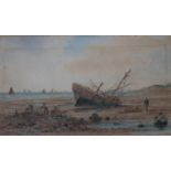 T. H. STEPHENSON. A late 19th / early 20th century coastal scene with figures, a beached sailing