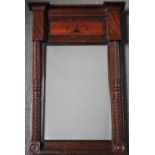 A GEORGIAN MAHOGANY INLAID PIER GLASS MIRROR, with barley twist half pilasters to either side,