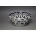 AN EARLY ROYAL WORCESTER PIERCED LATTICE BLUE AND WHITE BASKET, crescent mark to base, Dia 18.75 cm