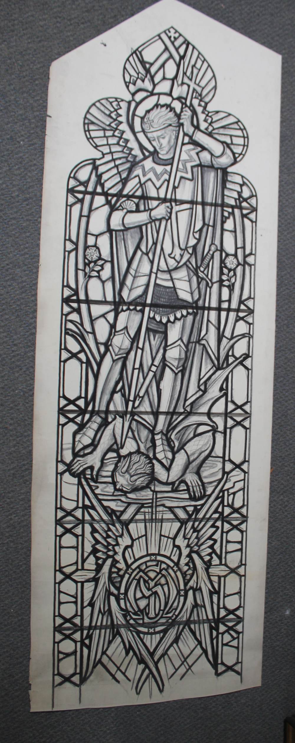 A STAINED GLASS WINDOW DESIGN FROM THE HARDMAN STUDIO, study of a Saint and The Devil, unsigned,