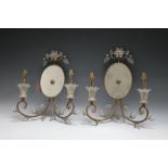 A PAIR OF VINTAGE FRENCH GILT AND GLASS TWIN BRANCH MIRRORED WALL LIGHTS, having glass leaf and