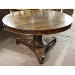 A 19TH CENTURY ROSEWOOD TILT-TOP PEDESTAL TABLE, the circular top raised on a circular support and