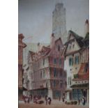 PAUL BRADDON. Continental town scene with figures, signed lower right, watercolour, framed and