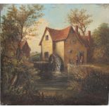 A 19TH CENTURY WATERMILL SCENE WITH FIGURES AND TREES, unsigned, oil on oak panel, unframed, 15 x 16