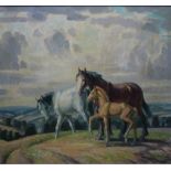 HAROLD DEARDEN (1882-1962). Study of horses and a foal, signed lower right and dated 1955, oil on