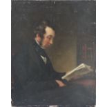 A LATE 19TH / EARLY 20TH CENTURY HALF PORTRAIT OF A SEATED GENTLEMAN READING, unsigned, oil on
