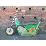 A VINTAGE MID 20TH CENTURY WOODEN FAIRGROUND CHOPPER MOTORCYCLE, mainly green with painted