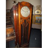 AN OAK CASED ART DECO LONGCASE CLOCK, with triple chrome weights, pendulum, H 185 cm