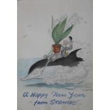 SYDNEY CONRAD STRUBE (1890-1956). A comical study of the artist riding a dolphin, sent as a New Year