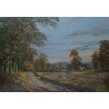 DON VAUGHAN (1916). A wooded country path, with man and shires ploughing, farmhouse beyond, signed