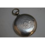 A 19TH CENTURY WHITE METAL FULL HUNTER POCKET WATCH, the enamel dial with Roman numerals,
