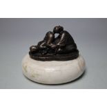 EROTIC THEMED ORIENTAL BRONZE FIGURAL GROUP, on soapstone base, bronze dimensions: H 4 cm, W 6 cm,