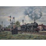 PERRIN (XX). Steam Locomotive, signed lower left and dated 1980, oil on board, framed, 49 x 68 cm