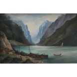 JOHN THORLEY (XIX-XX). Mountainous lake scene, signed, oils on canvas, a pair, gilt framed, 40 x