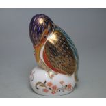 A ROYAL CROWN DERBY PAPERWEIGHT IN THE FORM OF A KINGFISHER, printed marks to base, gold stopper,