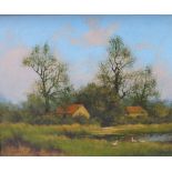 JAMES WRIGHT (1935). 'Barns, Pond & Geese', titled verso, signed lower left, oil on board, gilt
