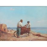 PROLAIS. Early 20th century Continental School, beach scene with father and son with wheelbarrow and