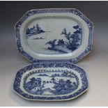 A 19TH CENTURY OCTAGONAL BLUE AND WHITE MEAT PLATTER, decorated with a classical scene of a figure