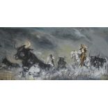 CAVAN CORRIGAN (XX). Cowboys with cattle, signed lower right, oil on board, unframed, 61 x 122 cm
