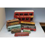 A COLLECTION OF EARLY 20TH CENTURY AND OTHER TIN PLATE MODEL BUSES ETC., to include a wooden 'Toy