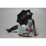 A BERGMAN STYLE EROTIC COLD PAINTED BRONZE STUDY OF A SEATED GIRL WITH PARASOL, stamped on base, H 8