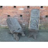 TWO CARVED WOODEN MALAWI FOLDING CHAIRS, one carved with female tribal figures, the other with naive