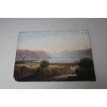 A 19TH CENTURY SWISS / ALPINE LANDSCAPE, with figures and buildings before a lake, mountains in