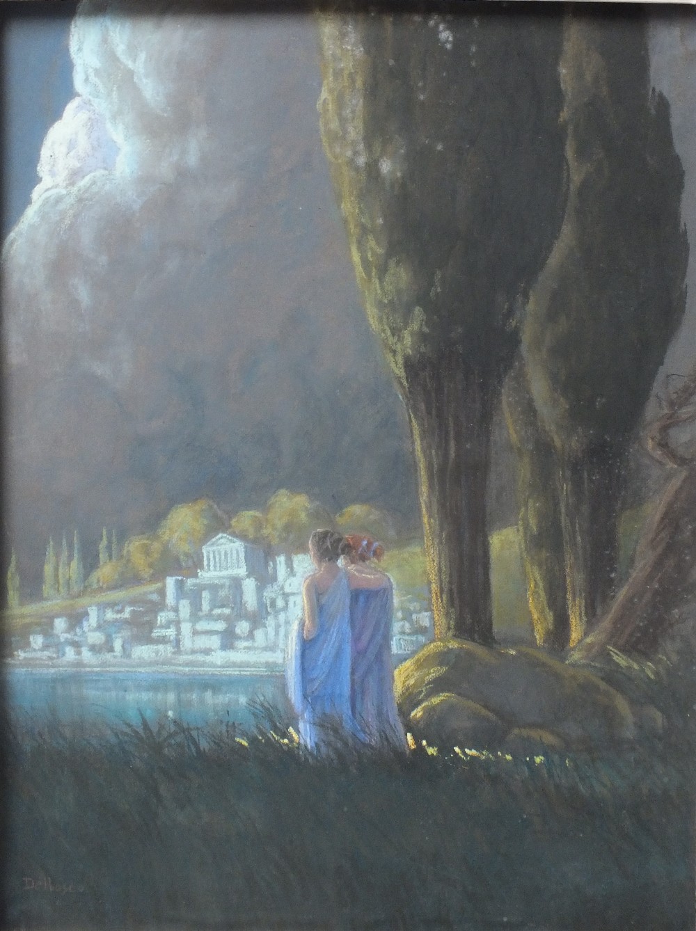 DELBOSCO. A Greek scene depicting two robed figures watching a storm, pastel, signed lower left,