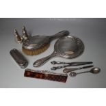 A HALLMARKED SILVER FOUR PIECE DRESSING TABLE SET - BIRMINGHAM 1916, together with a pair of