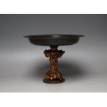 A LATE 19TH / EARLY 20TH CENTURY BRONZE TAZZA, raised on an ornate gilt plinth with floral and